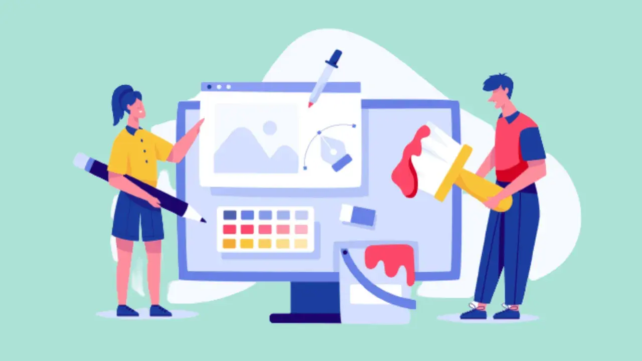 Två personer skapar digital konst med ett grafisk design program gratis. En med penna, en med pensel.