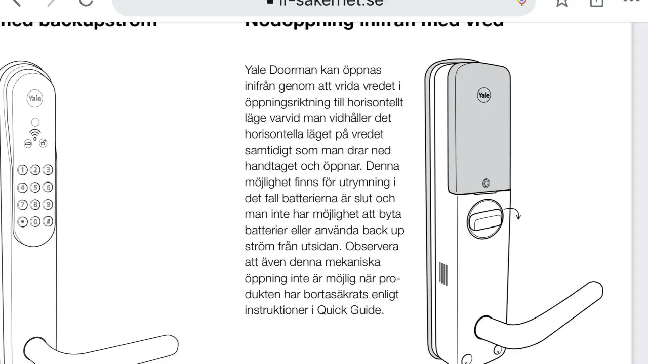 Illustration av ett Yale lås, visar hur man öppnar det inifrån vid strömavbrott, och ger tips om att byta batteri.