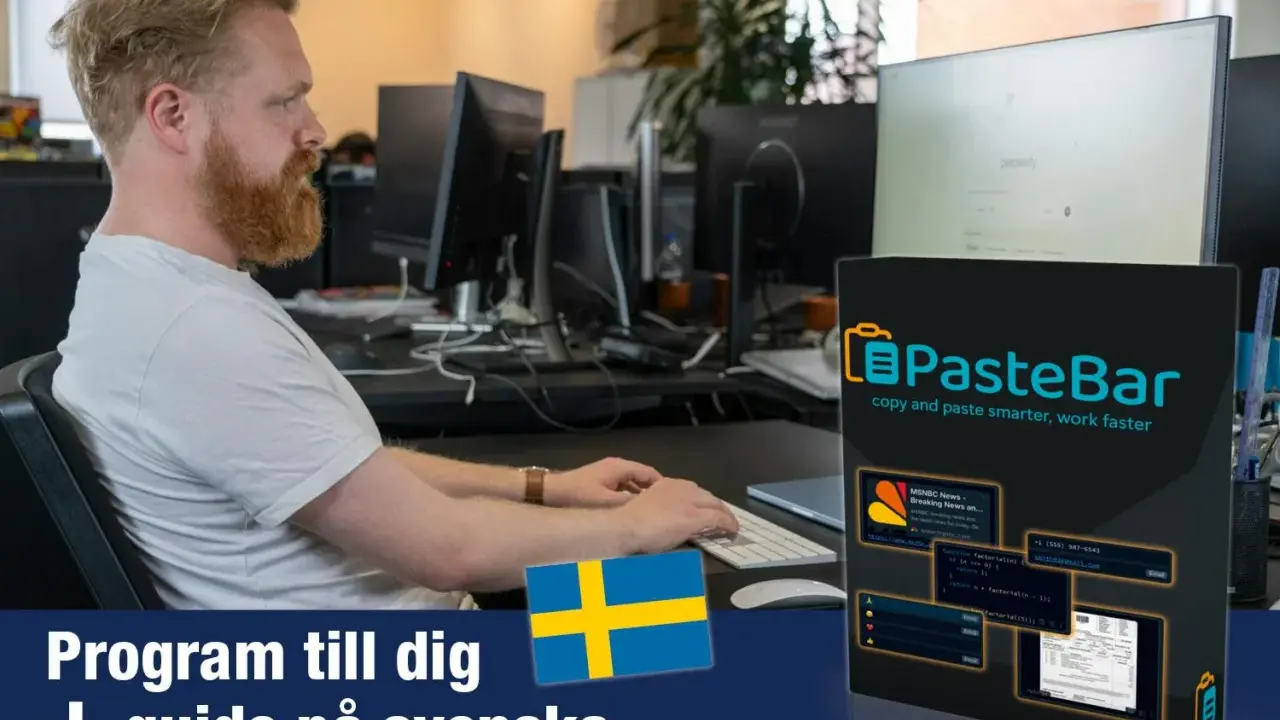 Man som arbetar vid datorn, med en produktbild för PasteBar som visar hur kopierar man på dator. Svensk guide medföljer.