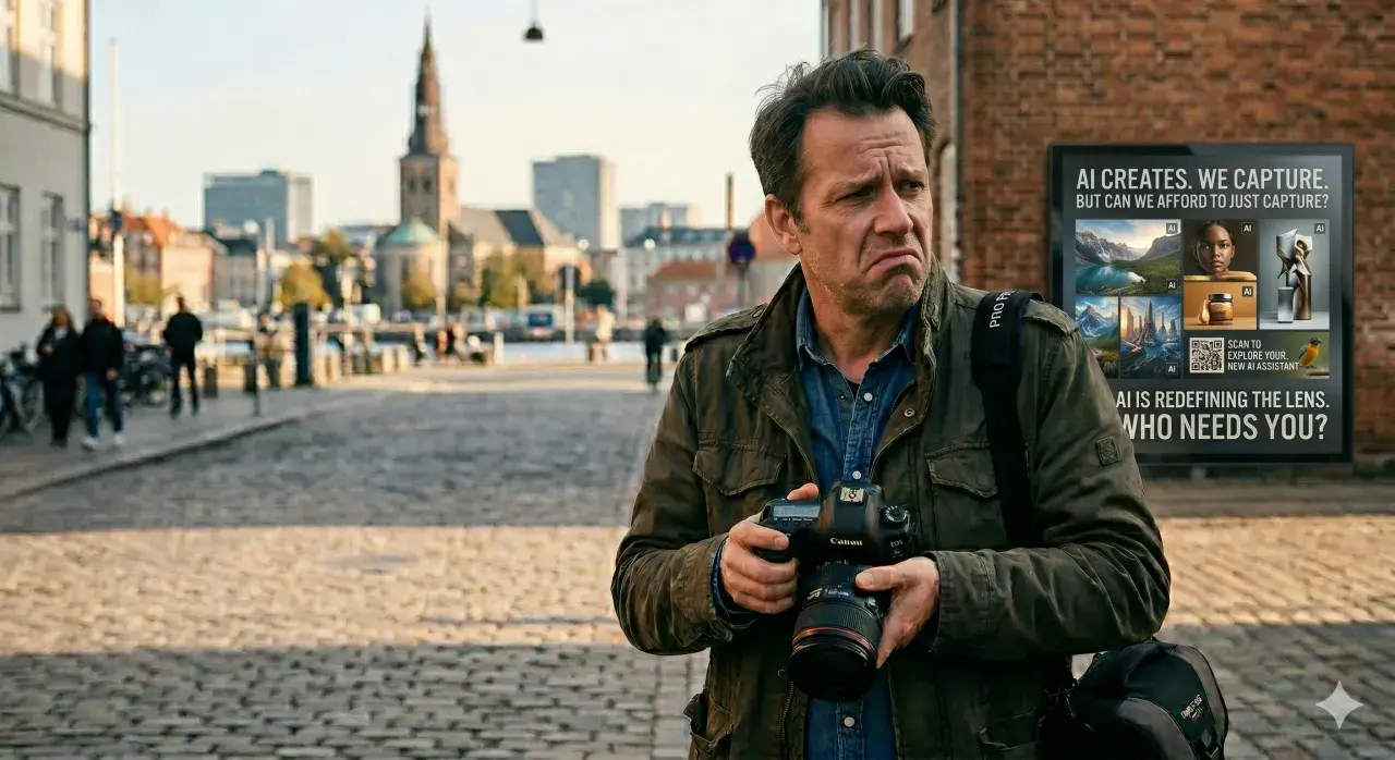 Fotograf med kamera funderar på AI:s roll i att fixa bilder. Stadsbild i bakgrunden.