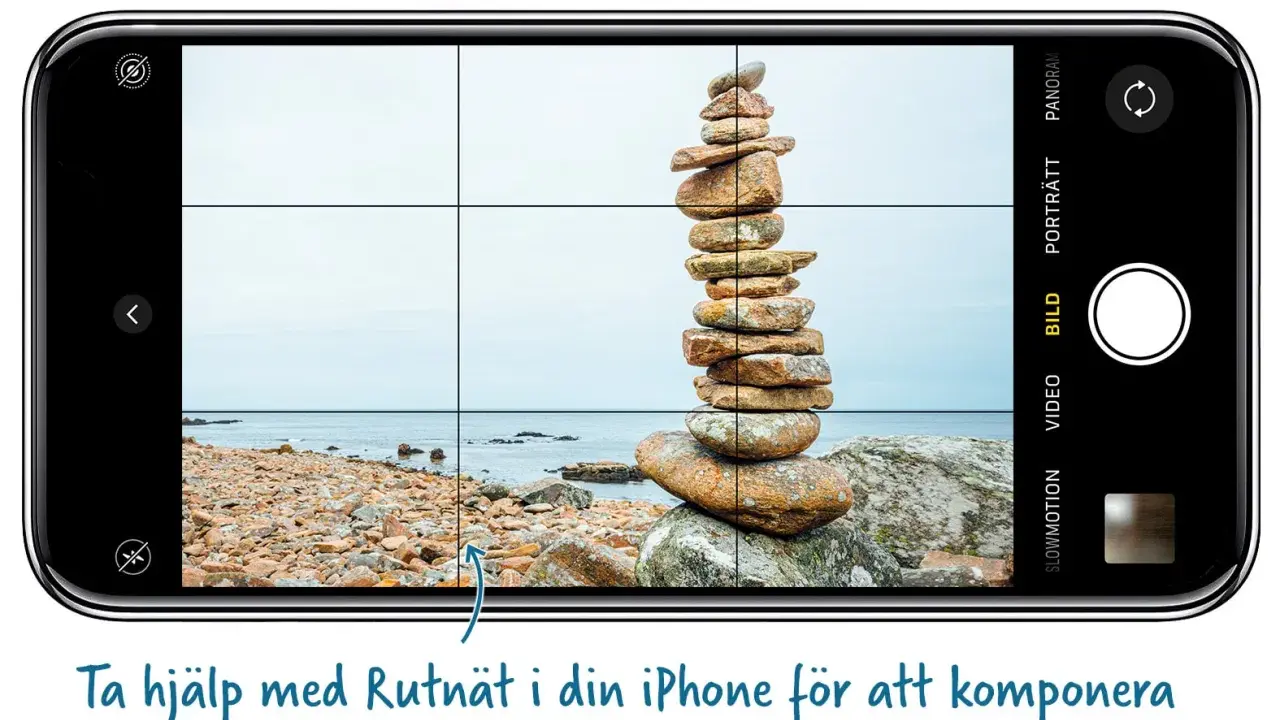 En iPhone-kamera visar en stenhög vid havet. Rutnätet hjälper till att komponera bilden, så att du kan undvika att dina bilder blir lite blurra bilder iphone.