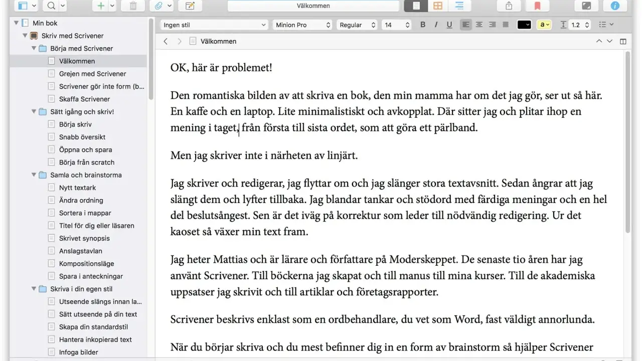 I Scrivener svenska, en textredigerare, visas en kurs om att skriva. En författare delar med sig av sina erfarenheter.