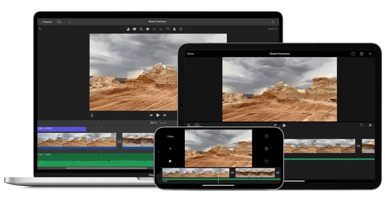 Redigera video på iPhone, iPad och Mac. Flera enheter visar videoredigeringsprogram med en ökenbild.