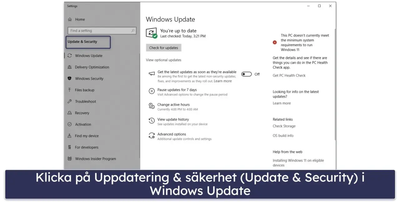 Inställningar för Windows Update. Här kan du se hur uppdaterar man Chrome genom att klicka på "Uppdatering & säkerhet" och sedan "Windows Update".