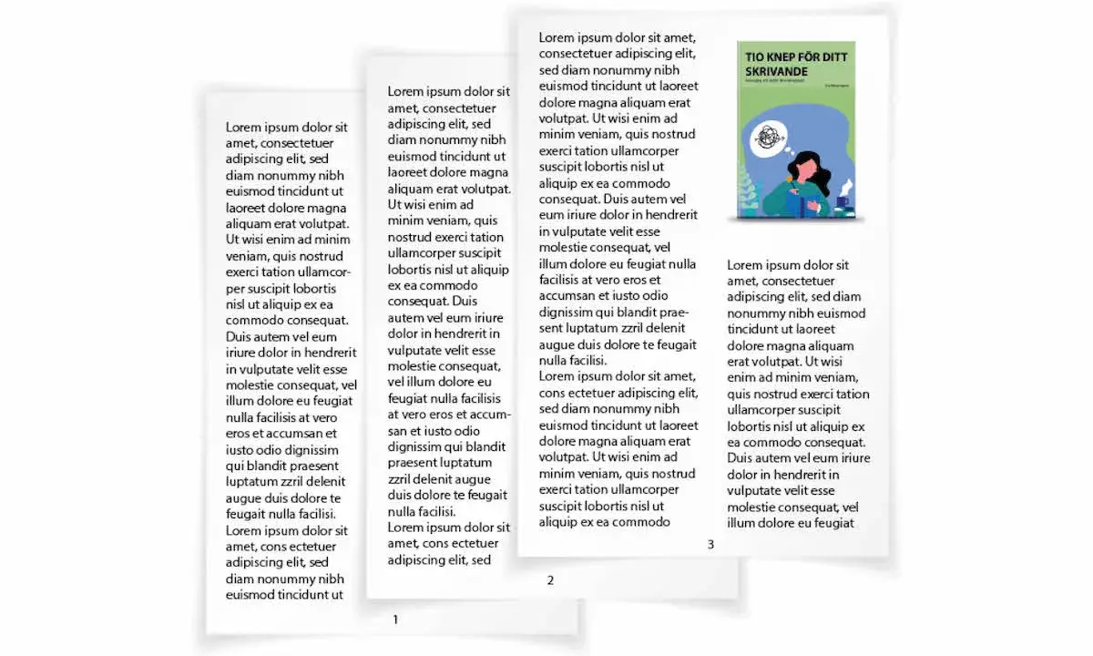 Sidor i InDesign med lorem ipsum-text och en bokomslagstitel "Tio knep för ditt skrivande".