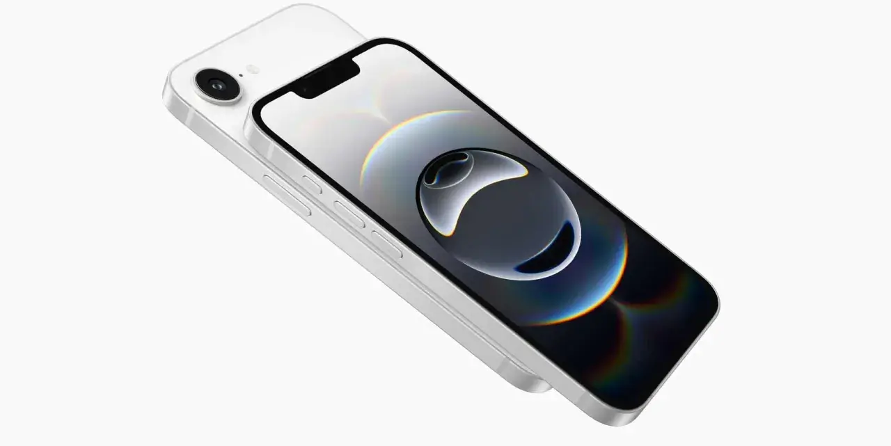 En vit iPhone 16 e med en abstrakt bakgrundsbild på skärmen.
