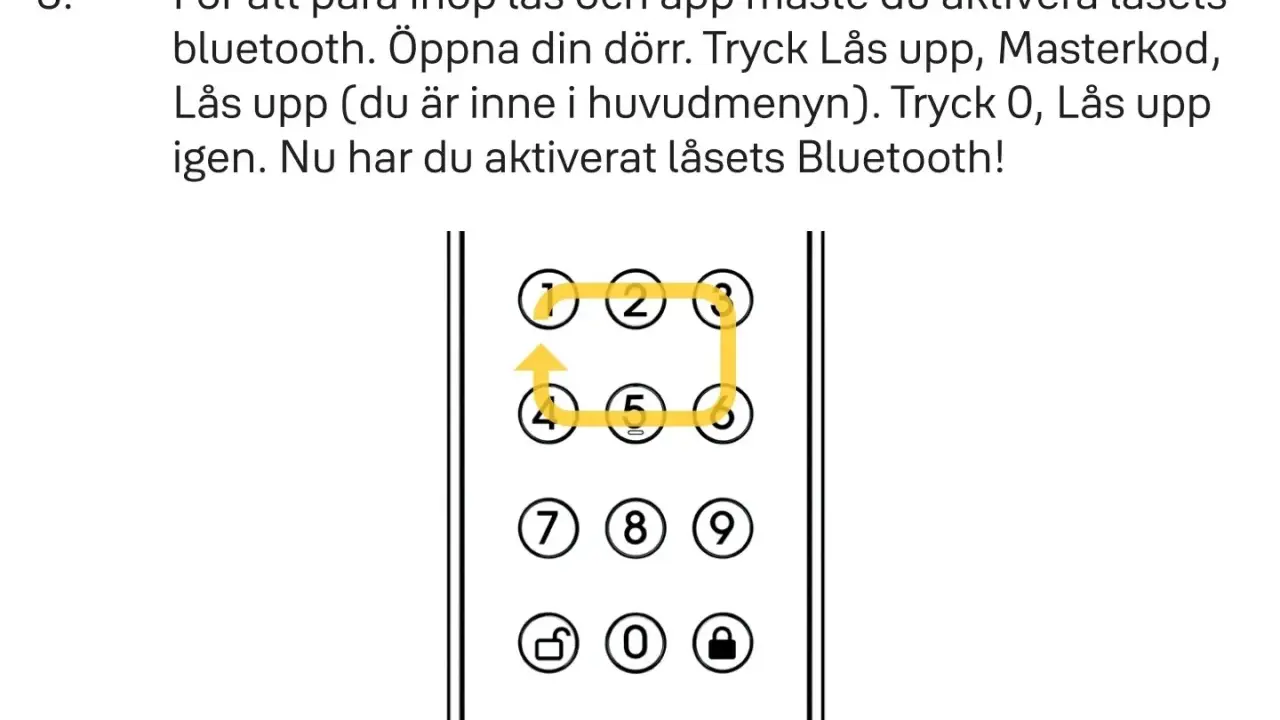 Instruktioner för att aktivera Bluetooth på låset. En gul linje visar mönstret 1-2-3-6-5-4 för att undvika att mata in yale fel kod för många gånger.