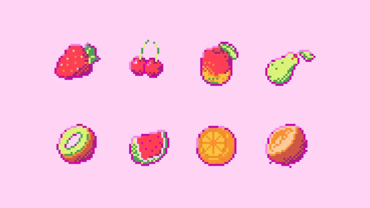 Söta pixel bilder av frukt: jordgubbe, körsbär, äpple, päron, kiwi, vattenmelon, apelsin och persika.