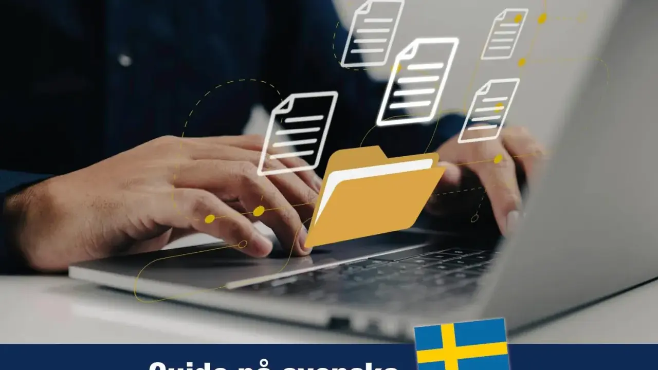Händer som arbetar på en laptop med en gul mapp och dokumentikoner som flyger runt. En hemlig mapp kan vara en del av en digital organisation.