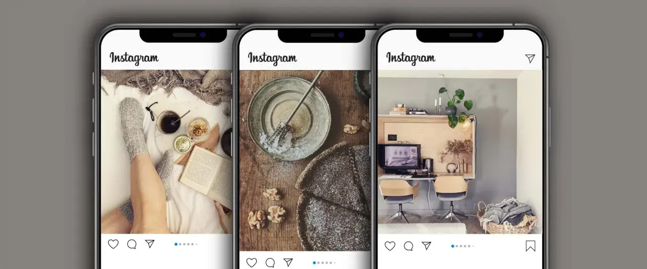 Tre telefoner visar Instagram-flöden: en med fötter i sockor, en med bakverk och en med hemmakontor. Perfekt för att skapa nytt Instagramkonto.