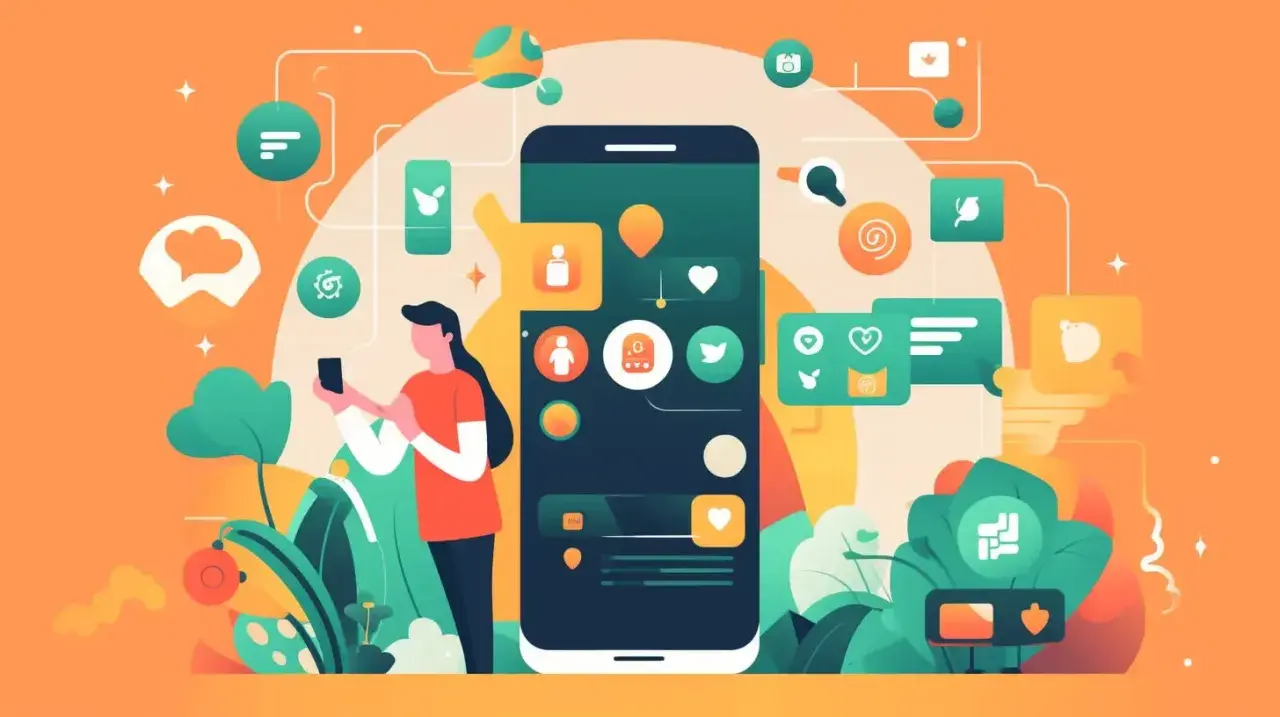 En person interagerar med en stor smartphone, omgiven av ikoner som symboliserar sociala medier och kommunikation. En illustration som visar hur man kan skapa en app.