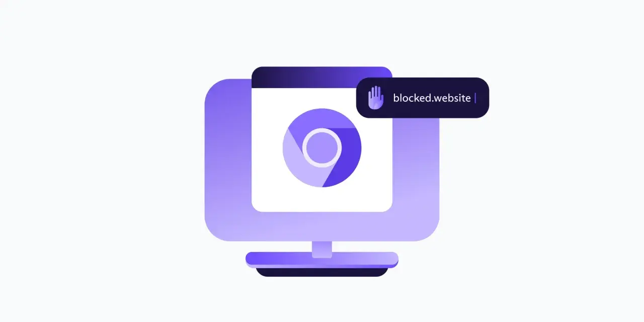 En datorskärm med Chrome-logotypen och en textruta som säger "blocked.website". Detta illustrerar hur man kan blockera hemsidor i Chrome.