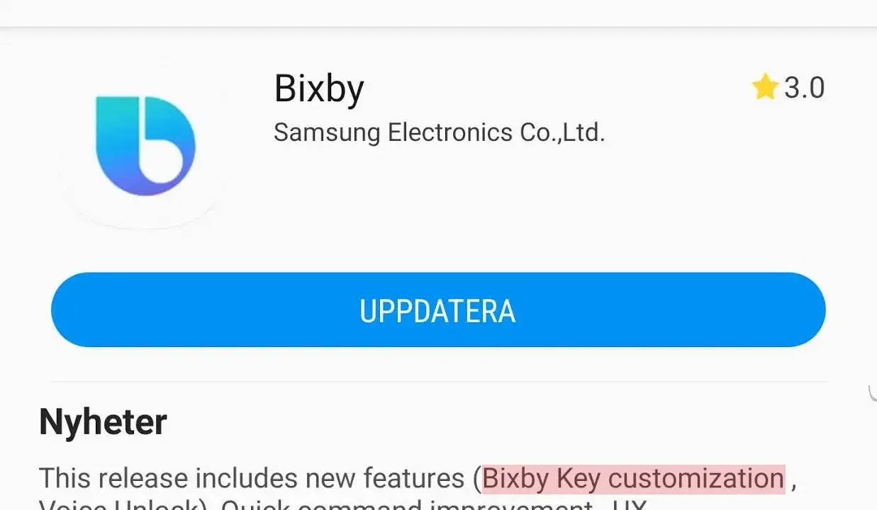 Bixby-appen uppdateras med nya funktioner som Bixby Key-anpassning. Svenska språket stöds.
