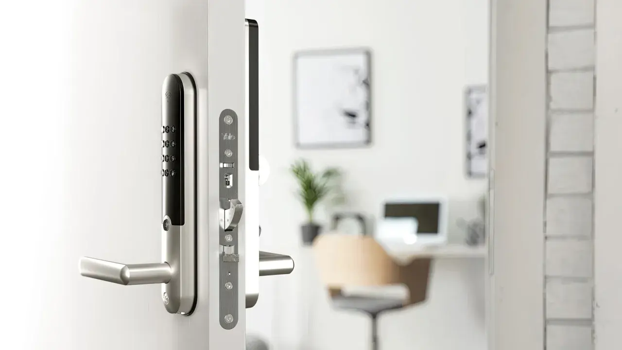 Close-up of a Yale Doorman L3 smart lock on a white door, showing the keypad and handle.