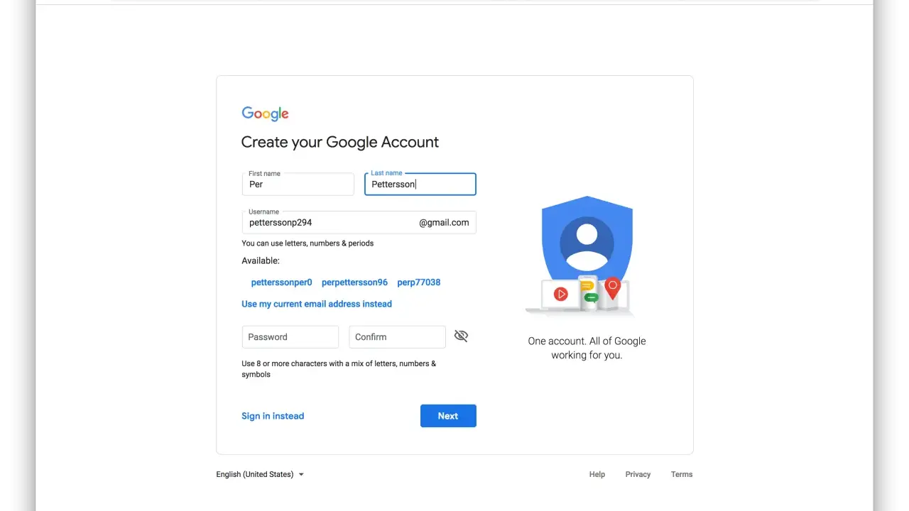 Skapa Google konto: Fyll i dina uppgifter för att skapa ett nytt Google-konto. Välj ett användarnamn och lösenord.