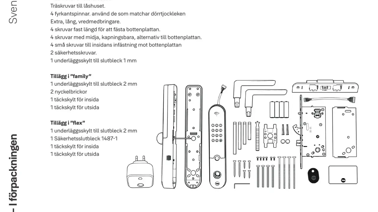 Illustrationer visar delar till Yale Doorman L3 manual, inklusive skruvar, beslag och en digital enhet.