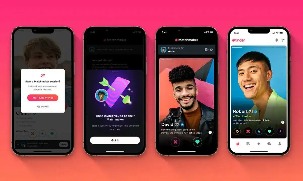 Fyra mobilskärmar visar Tinder Matchmaker. En skärm visar en inbjudan att starta en Matchmaker-session.