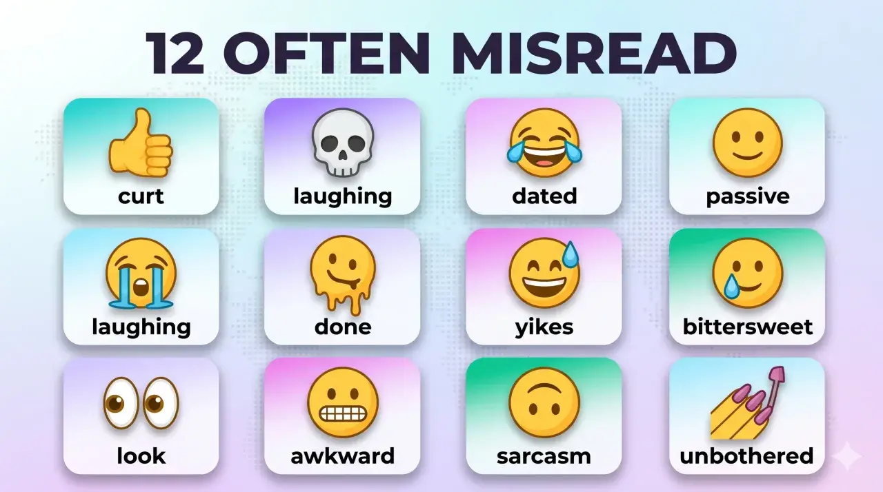 12 ofta missförstådda emojis och deras betydelse: tumme upp, dödskalle, skrattande, passiv, gråtande, klar, yikes, bittersweet, ögon, obekväm, sarkasm, oberörd.
