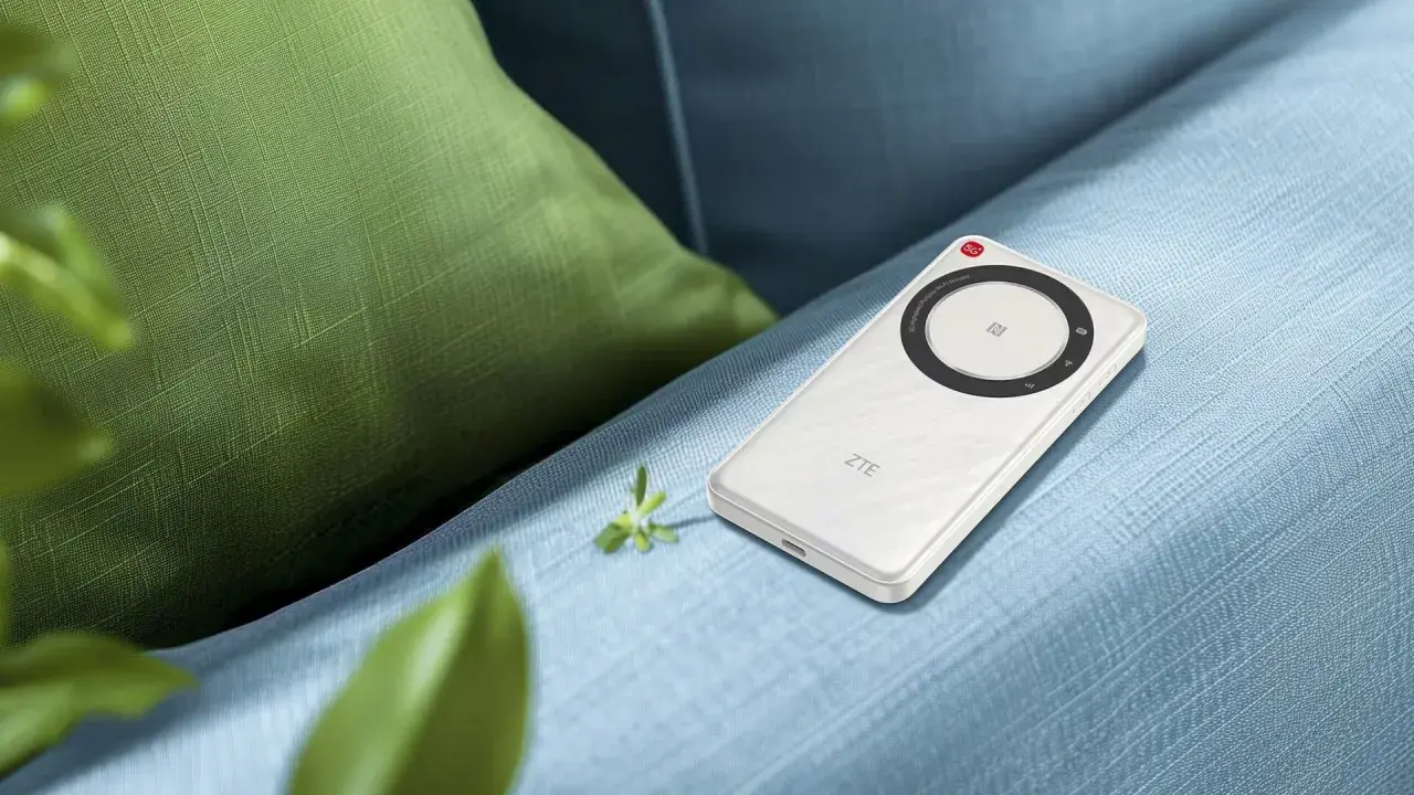 Vit ZTE U30 Air 5G portabel Wi-Fi-hotspot ligger på en blå soffa, bredvid en grön kudde.
