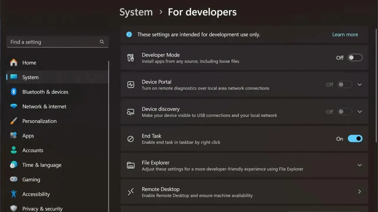 Windows-inställningar för utvecklare. Aktivera "End Task" för att snabbt tvångsavsluta program.