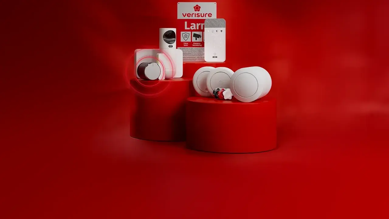 Verisure larmsystem med kamera, knappsats och flera smarta verisure lås.