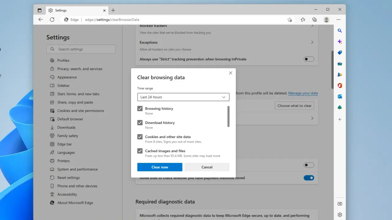 Fönstret "Rensa webbhistorik" i Microsoft Edge visar alternativ för att rensa historik, cookies och cache. Perfekt för att rensa historik android.