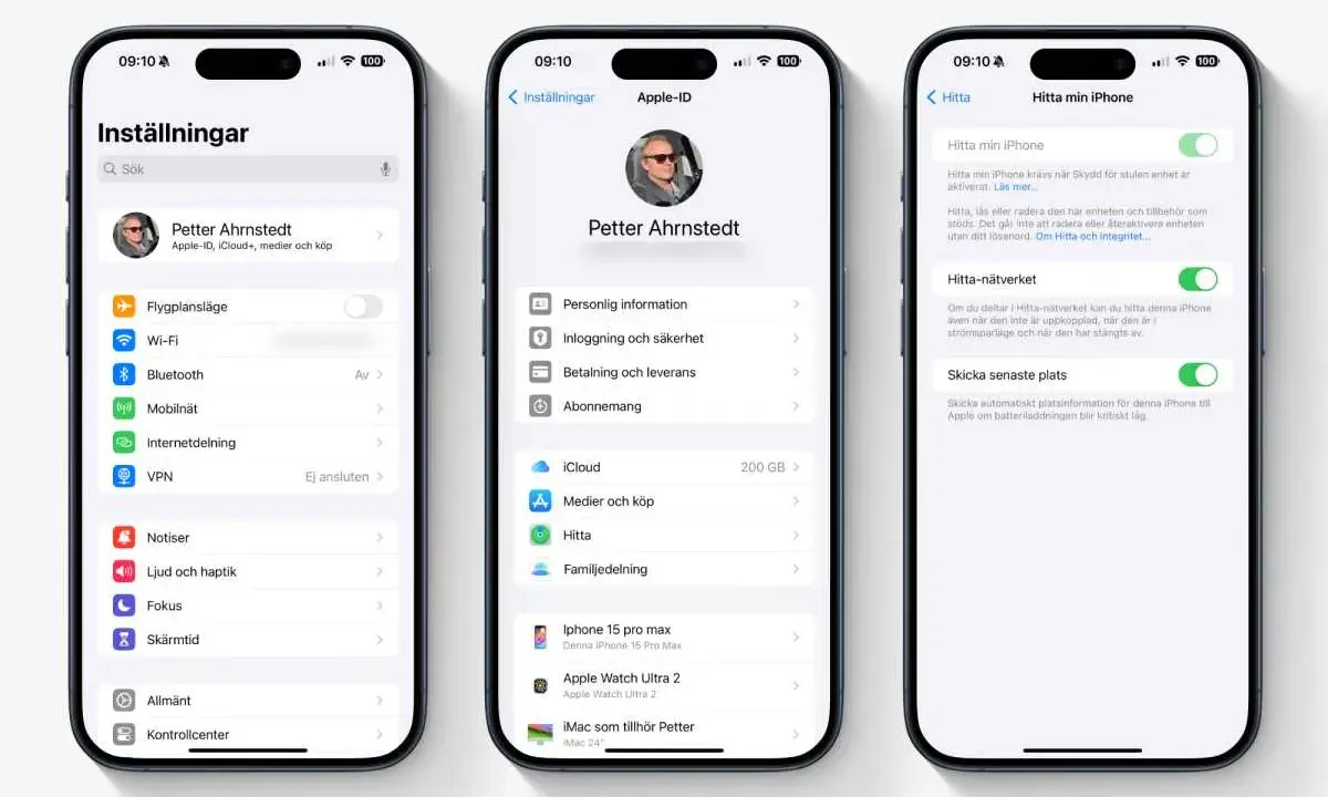 Hitta min iPhone aktiverat på tre iPhones. En visar inställningar, en visar Apple-ID och en visar inställningar för Hitta min iPhone.