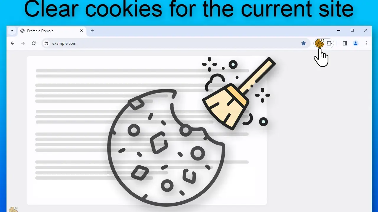 En hand klickar på en cookie-ikon för att radera cookies för den aktuella webbplatsen. En kvast sveper bort en bit av en cookie.