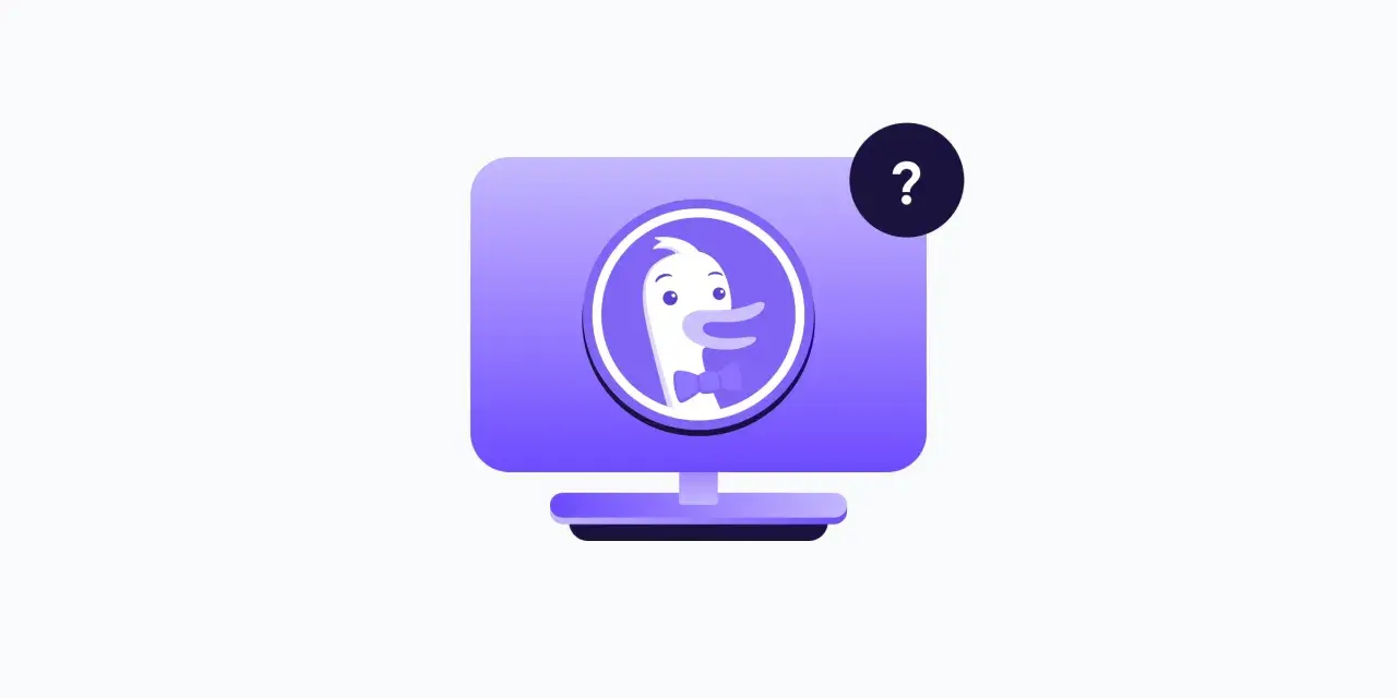 En datormonitor med en DuckDuckGo-logotyp och ett frågetecken.