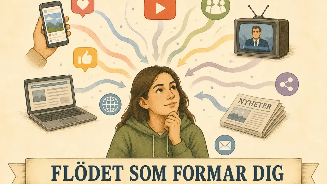 En ung person funderar över flödet av information från sociala medier, nyheter och andra källor som formar hens världsbild.