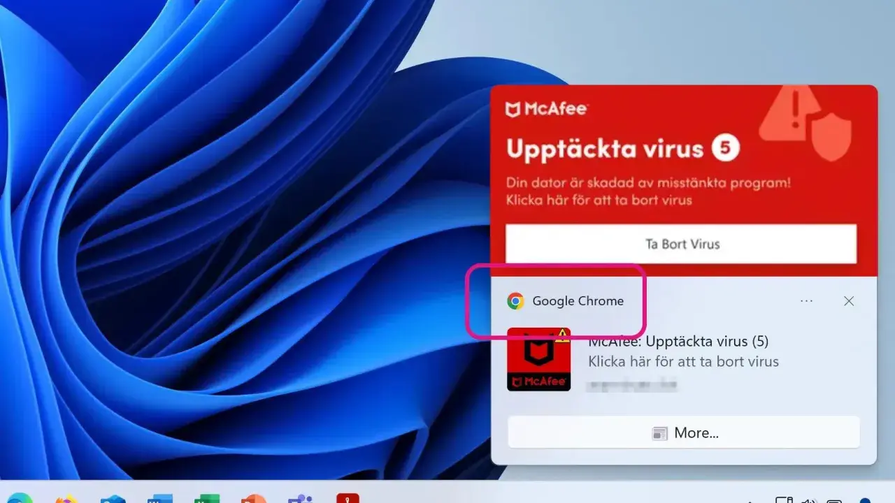 Varning från McAfee: Upptäckta virus på datorn. Google Chrome är listad. Klicka för att ta bort virus.