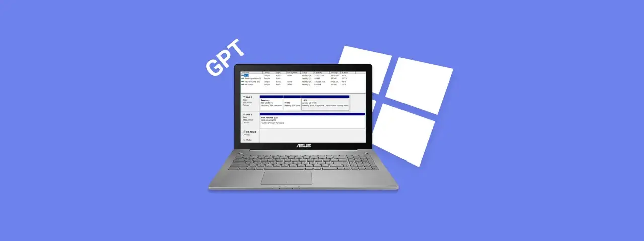 En laptop visar diskhanteringen med GPT-partitionering.