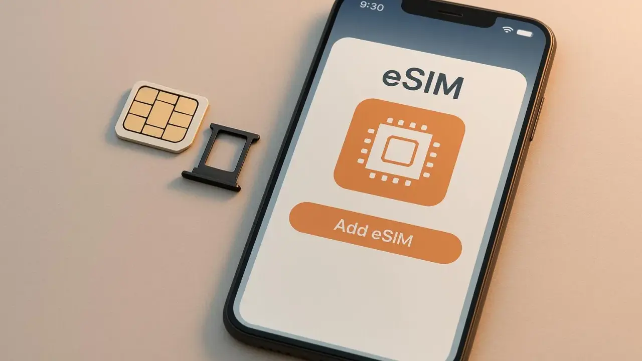 En smartphone visar "Add eSIM" bredvid ett traditionellt SIM-kort och dess hållare.