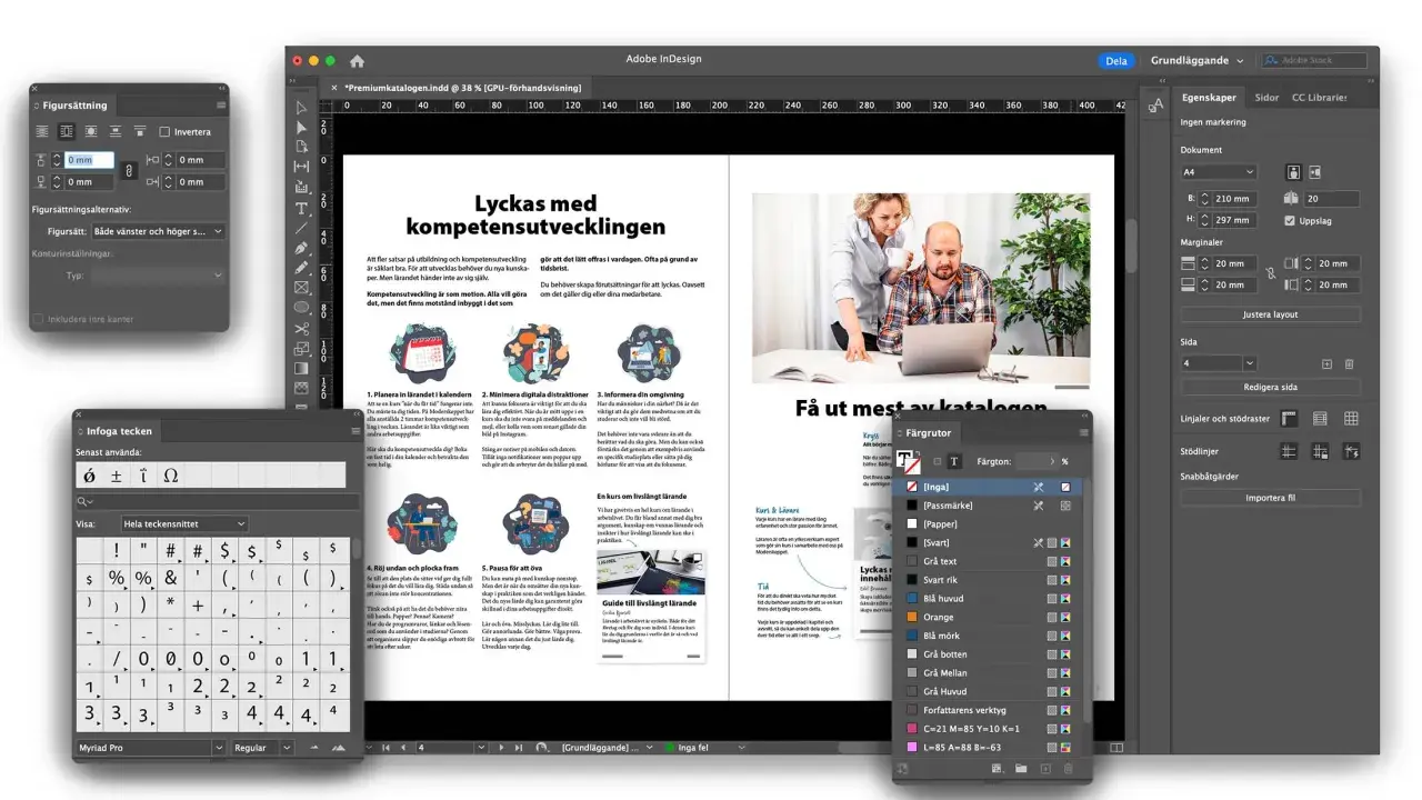 En skärmdump av Adobe InDesign som visar en tidningslayout med rubriken "Lyckas med kompetensutvecklingen". En **Indesign kurs** kan hjälpa dig att skapa liknande layouter.