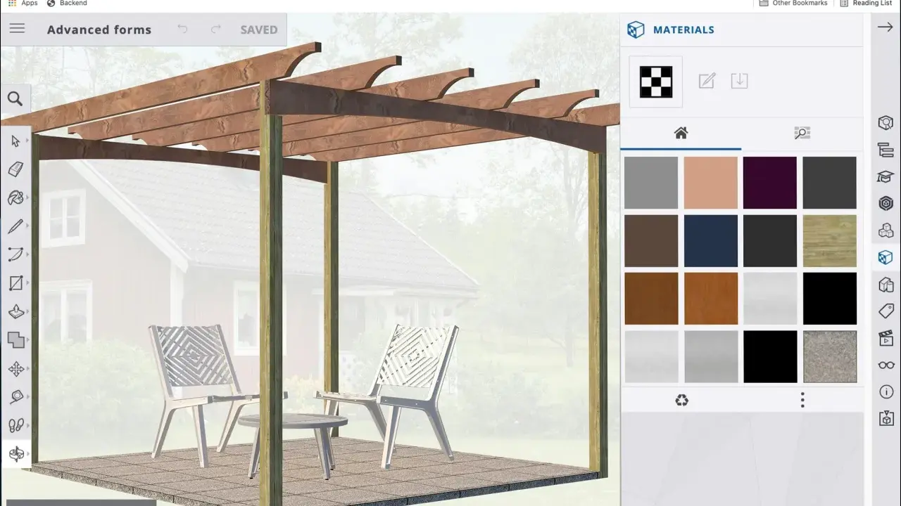 I en gratis ritprogram designas en pergola med stolar och bord. Materialpaletten visar olika träslag och färger.