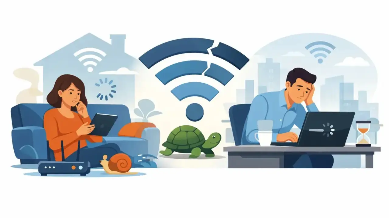 Kvinna och man frustrerade över långsamt internet. Sköldpadda och snigel symboliserar långsam hastighet. Dags att optimera telefon och nätverk!
