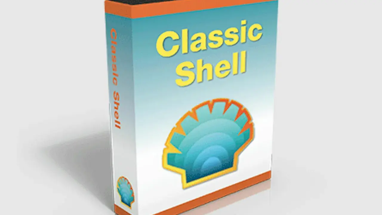 En låda med texten "Classic Shell" och en snäckskalslogotyp, perfekt för att ge ditt Windows 11 ett klassiskt utseende.