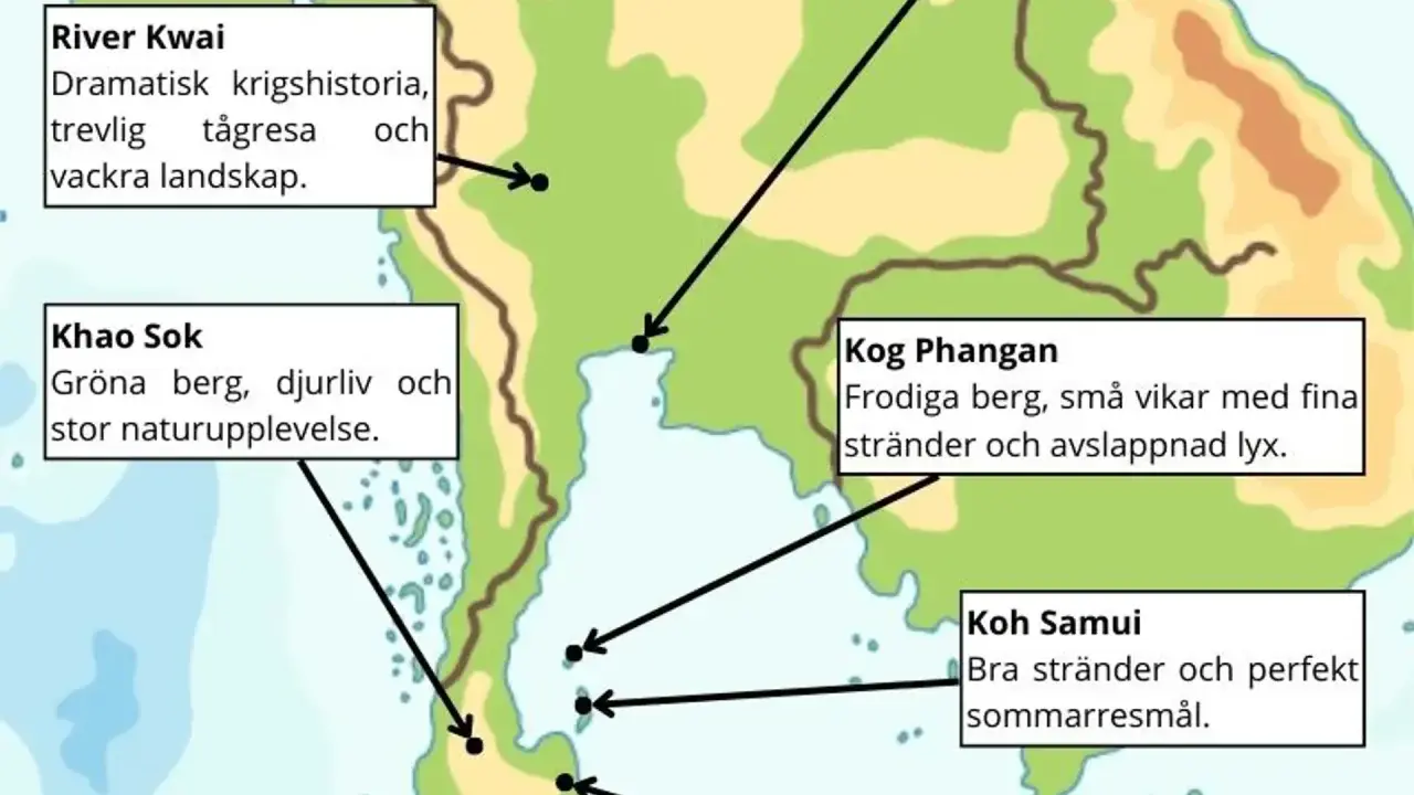 En karta över Thailand, liknande en Google Maps-vy, visar sevärdheter som River Kwai, Khao Sok, Koh Phangan och Koh Samui.