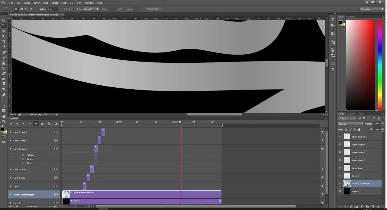 Arbetar med att komprimera GIF i Photoshop. Tidslinjen visar flera lager och keyframes för animationen.
