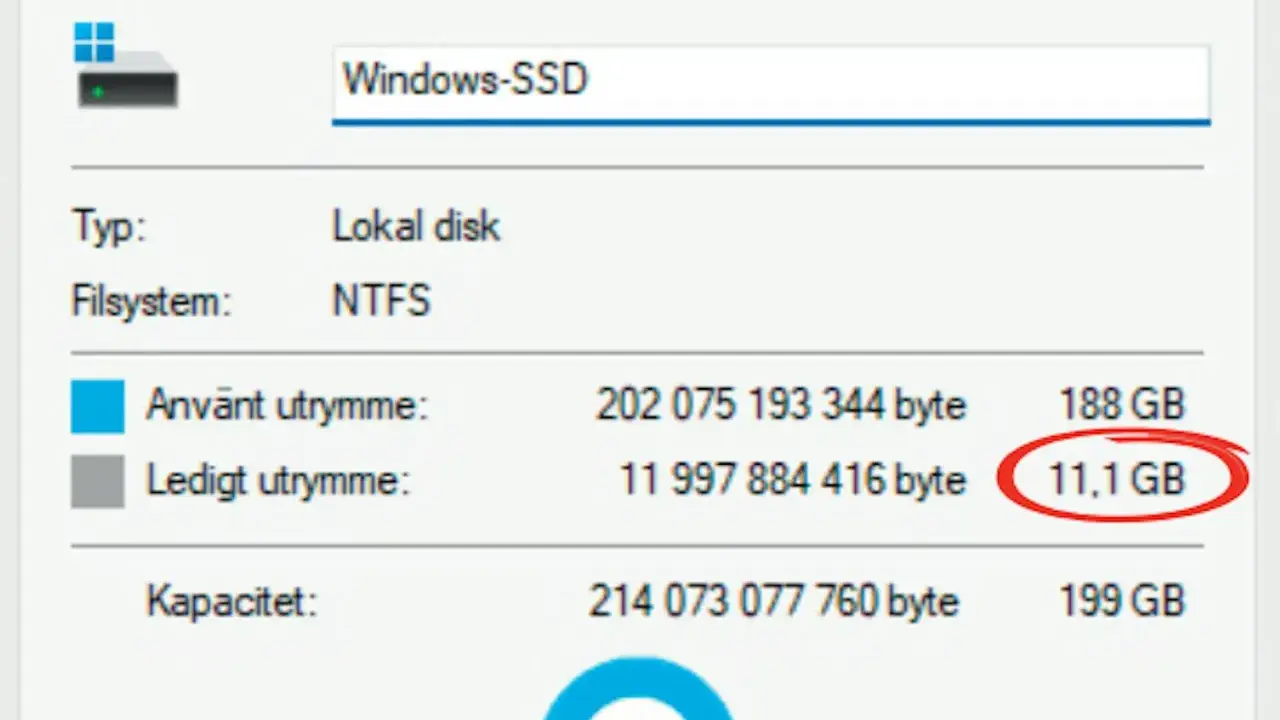 Fristående disk "Windows-SSD" visar 11,1 GB ledigt utrymme, vilket kan vara en utmaning för en windows 11 upgrade.