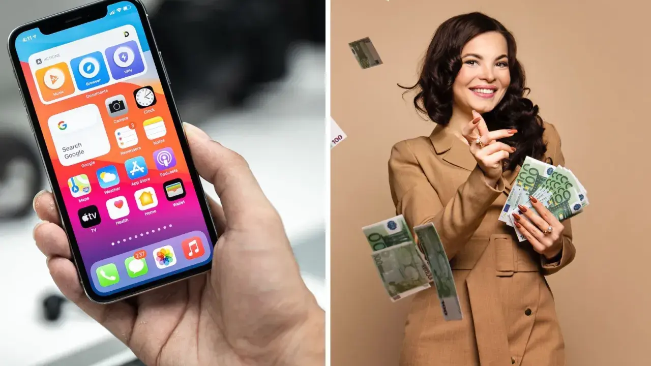En kvinna i en affärsdräkt kastar pengar. En hand håller en iPhone med appar.
