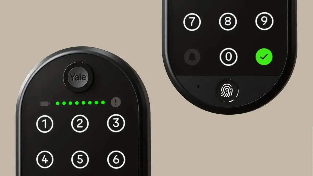 Två digitala dörrlås från Yale, ett med siffror och batteriindikator, det andra med siffror, fingeravtrycksläsare och en grön bock. Yale wifi-lås för smart hem.