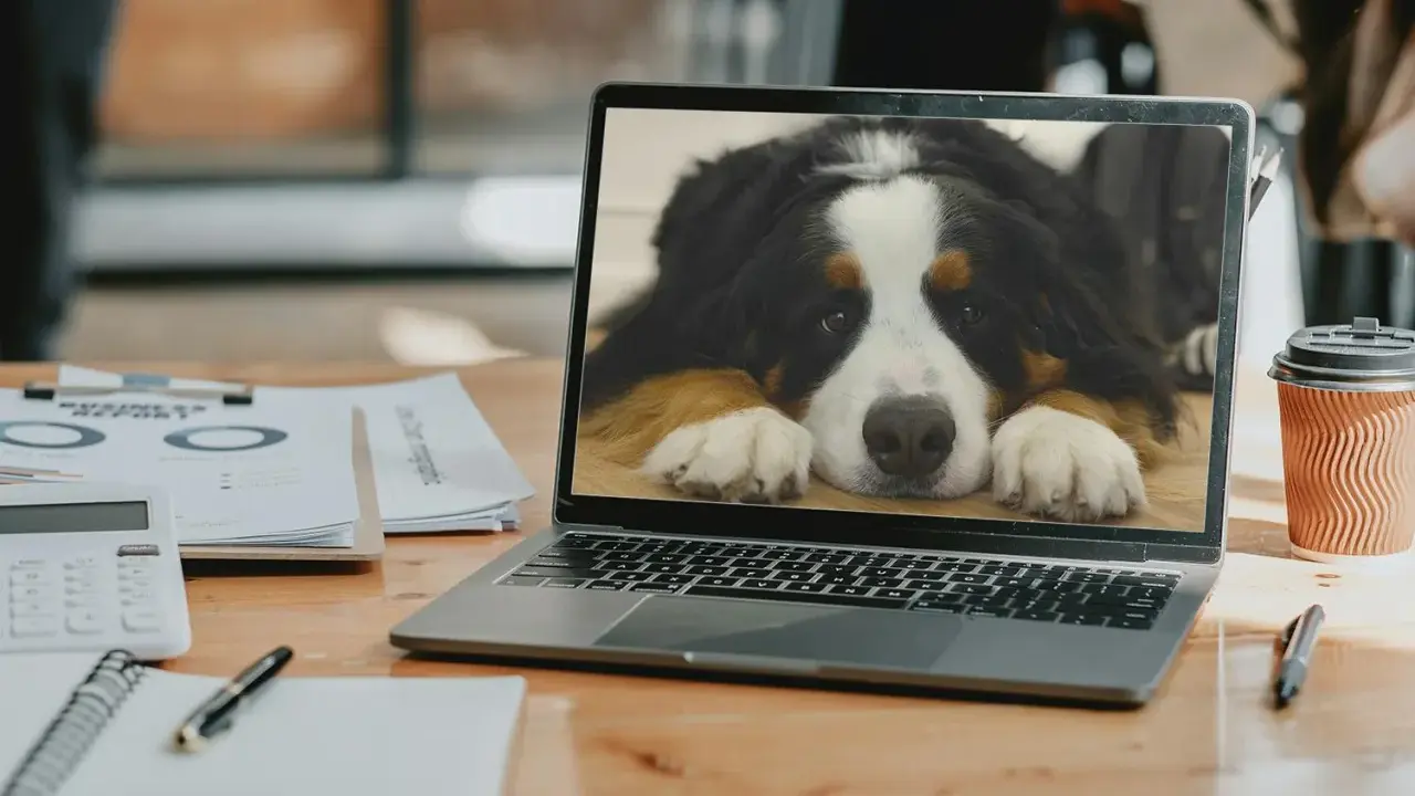 En laptop visar en söt Berner sennenhund. Kanske är det dags att lära sig hur man byter bakgrundsbild på datorn för att få en liknande vy!