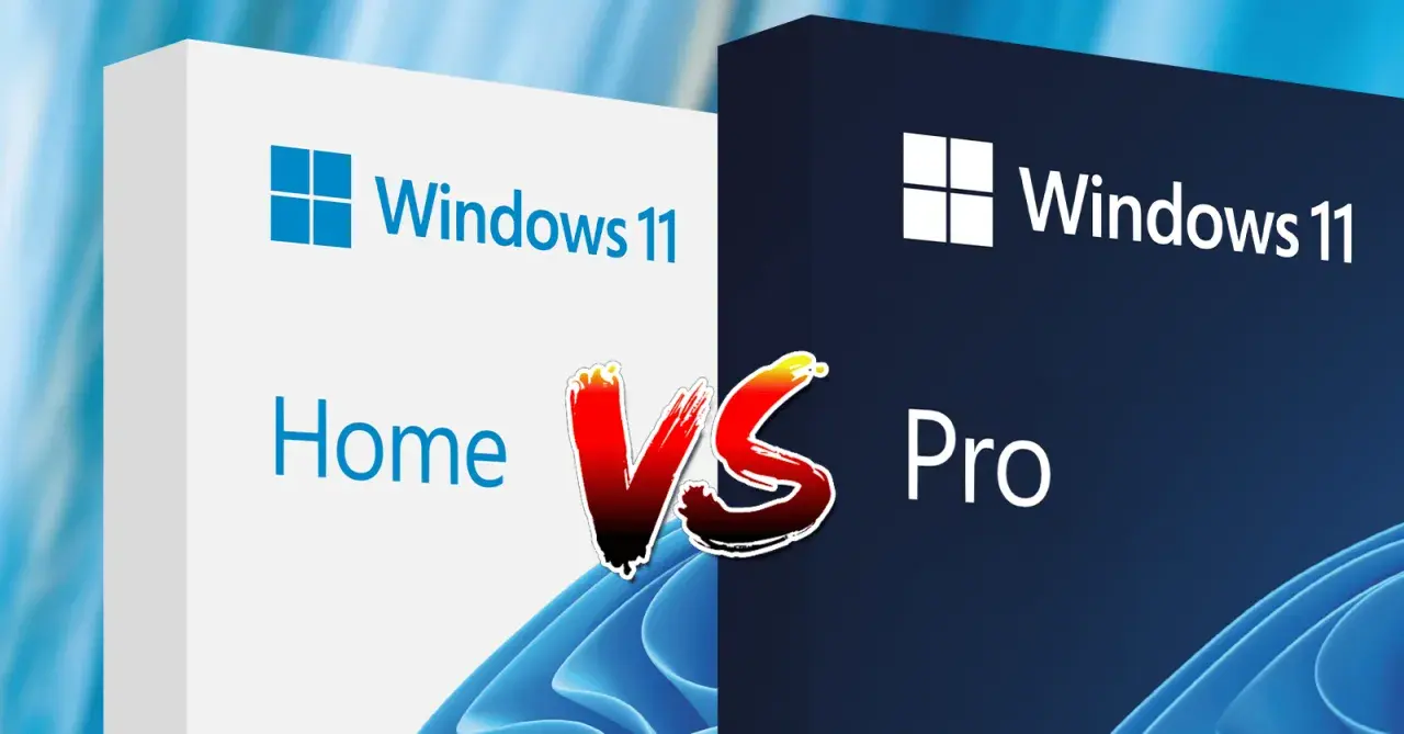 Jämförelse av Windows 11 Home vs Pro. Två förpackningar med Windows 11, en vit för Home och en mörkblå för Pro, står mot varandra.