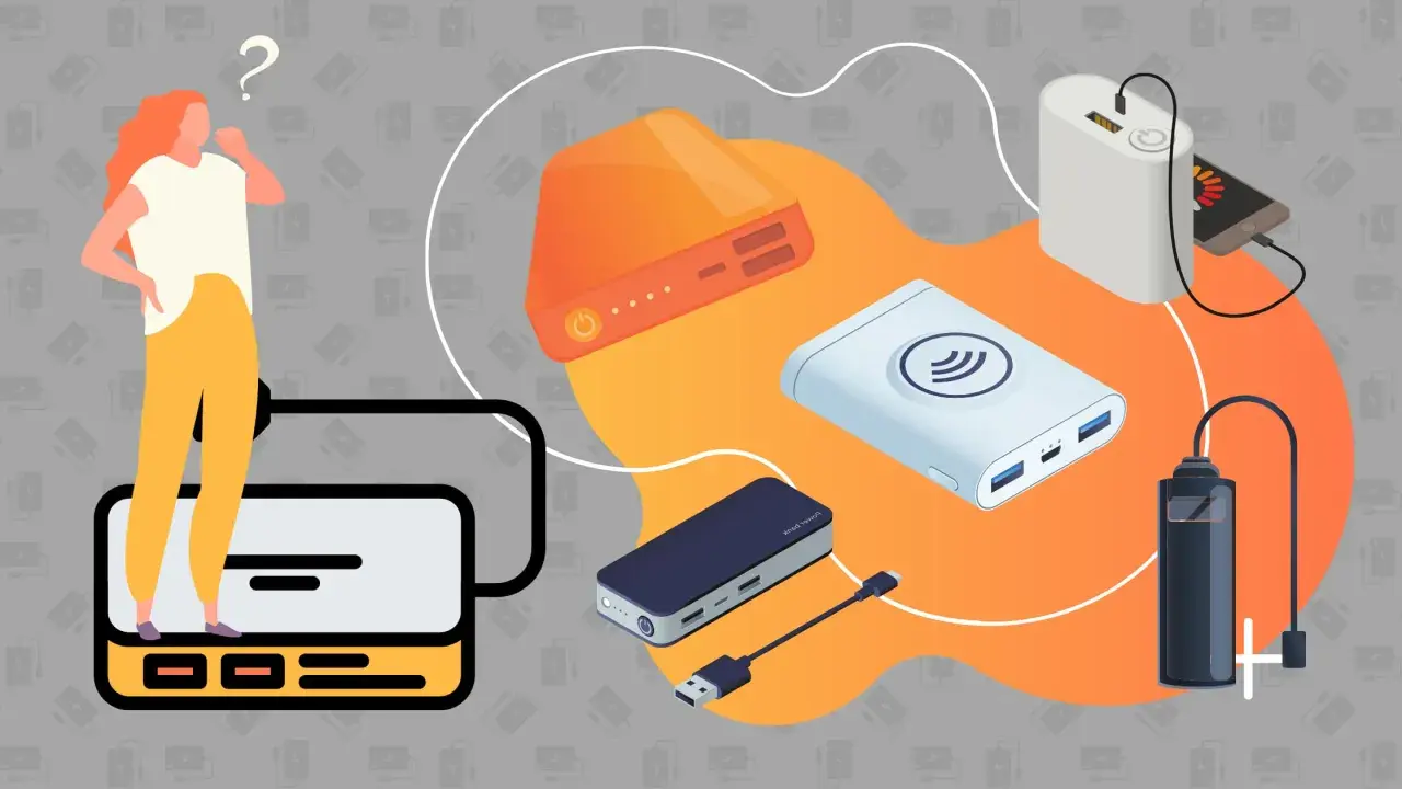 En kvinna funderar på hur laddar man en powerbank. Flera powerbanks och en mobil visas, redo att laddas.