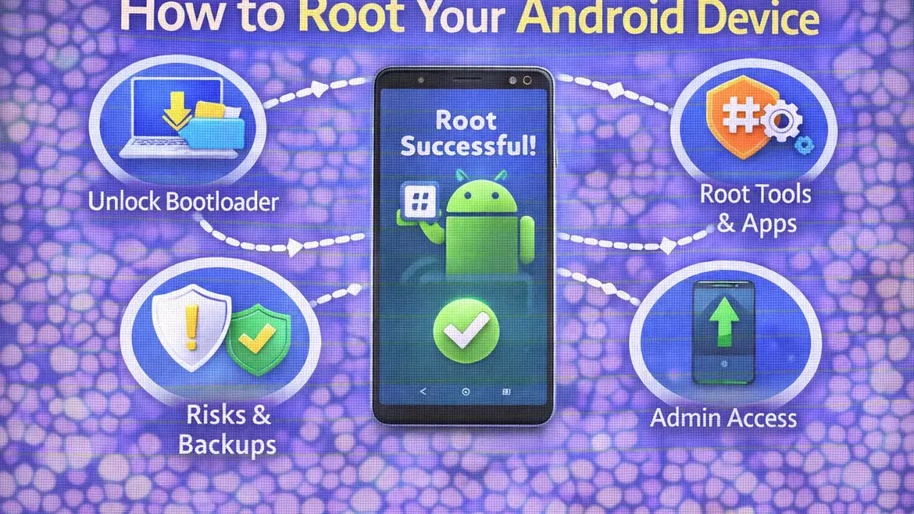 Diagram som visar hur man roota android. Inkluderar steg som "Unlock Bootloader", "Risks & Backups", "Root Tools & Apps" och "Admin Access".