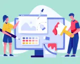Två personer skapar digital konst med ett grafisk design program gratis. En med penna, en med pensel.