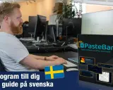 Man som arbetar vid datorn, med en produktbild för PasteBar som visar hur kopierar man på dator. Svensk guide medföljer.