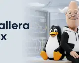 En glad gubbe och pingvinen Tux bredvid texten "Installera Linux" i en serverhall.