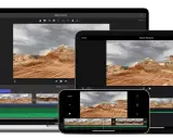 Redigera video på iPhone, iPad och Mac. Flera enheter visar videoredigeringsprogram med en ökenbild.